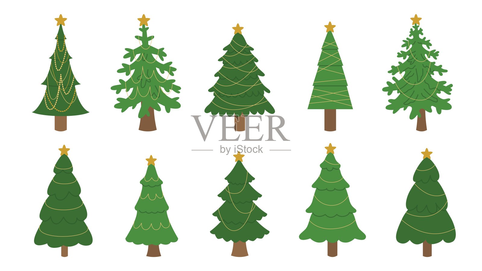 不同装饰的圣诞树组合。常青森林。适用于卡片、横幅、包装和纺织品的节日设计。圣诞节和新年的传统象征。矢量插图。插画图片素材