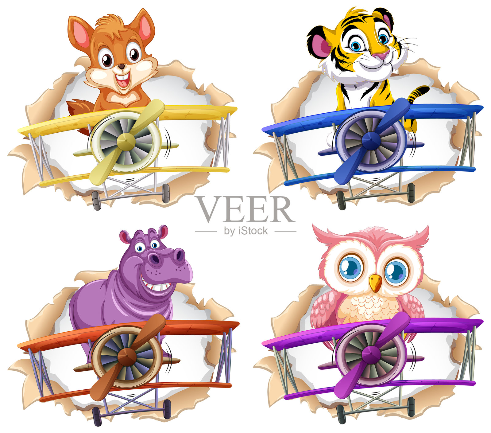 可爱的动物驾驶着色彩鲜艳的卡通飞机插画图片素材