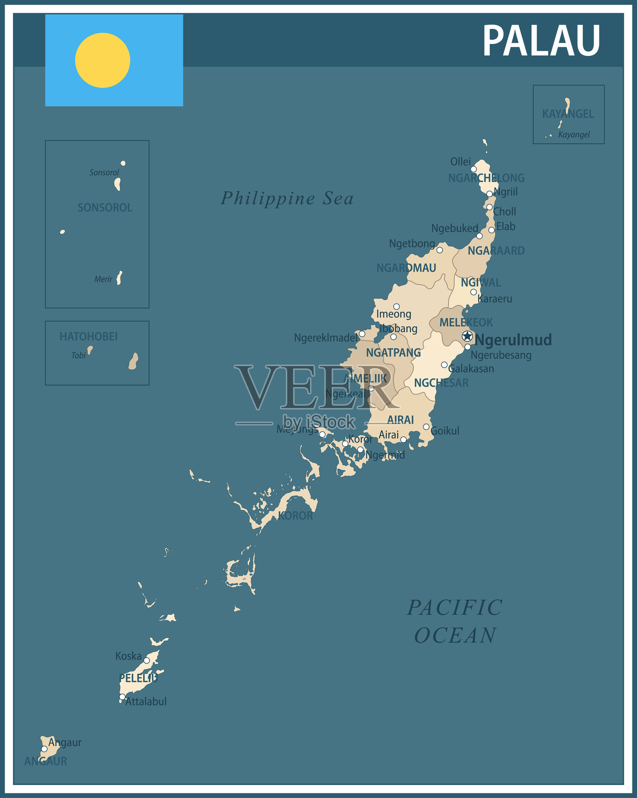 帕劳地图矢量复古深蓝色米色 - 可定制的分层政治地图，包含行政区划，适用于网站、教育、报告、新闻、政治、印刷、海报和壁纸。插画图片素材