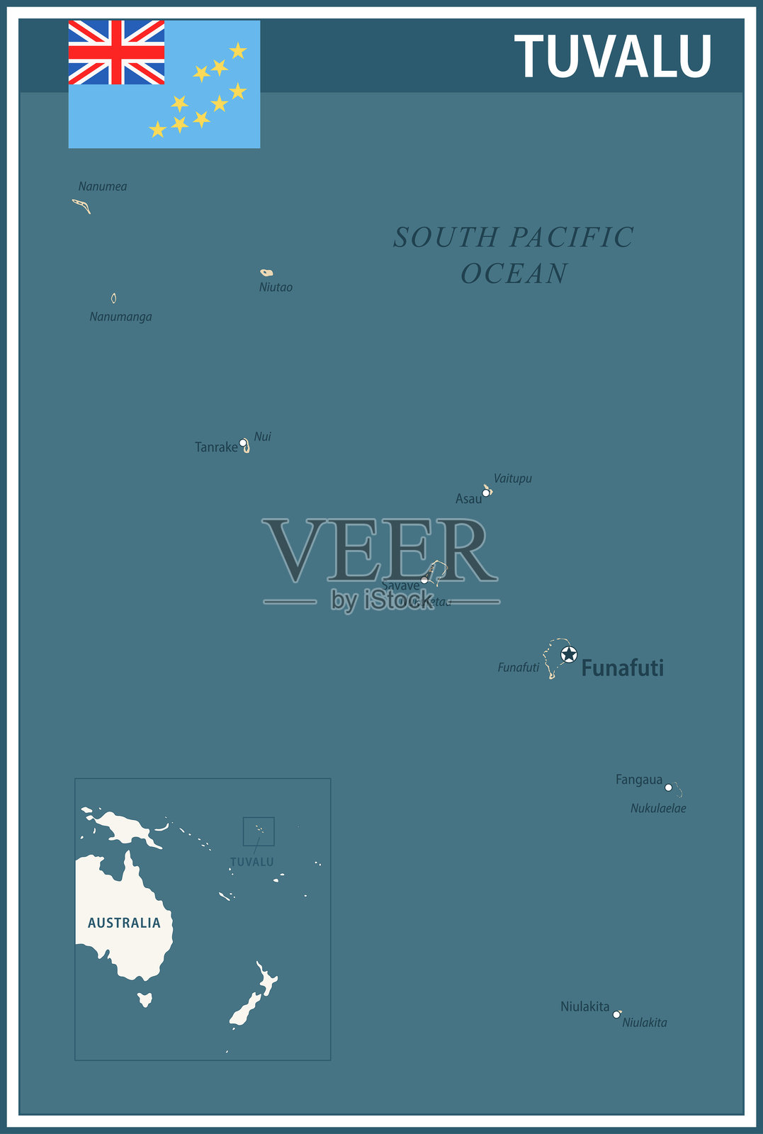 图瓦卢地图矢量复古深蓝色米色 - 可定制的分层政治地图，包含行政区划，适用于网站、教育、报告、新闻、政治、印刷、海报和壁纸插画图片素材