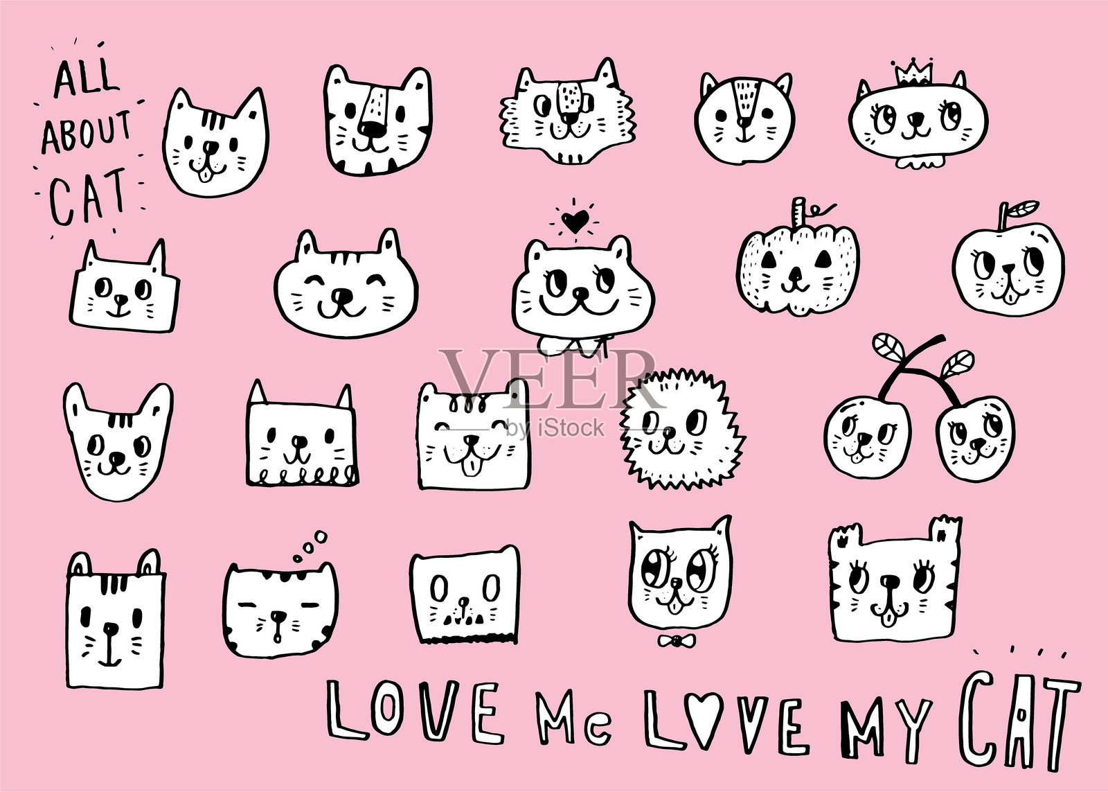 可爱的猫咪涂鸦矢量设计，手绘猫咪涂鸦卡通，适合印刷的猫咪矢量插图，可爱的动物插画图片素材