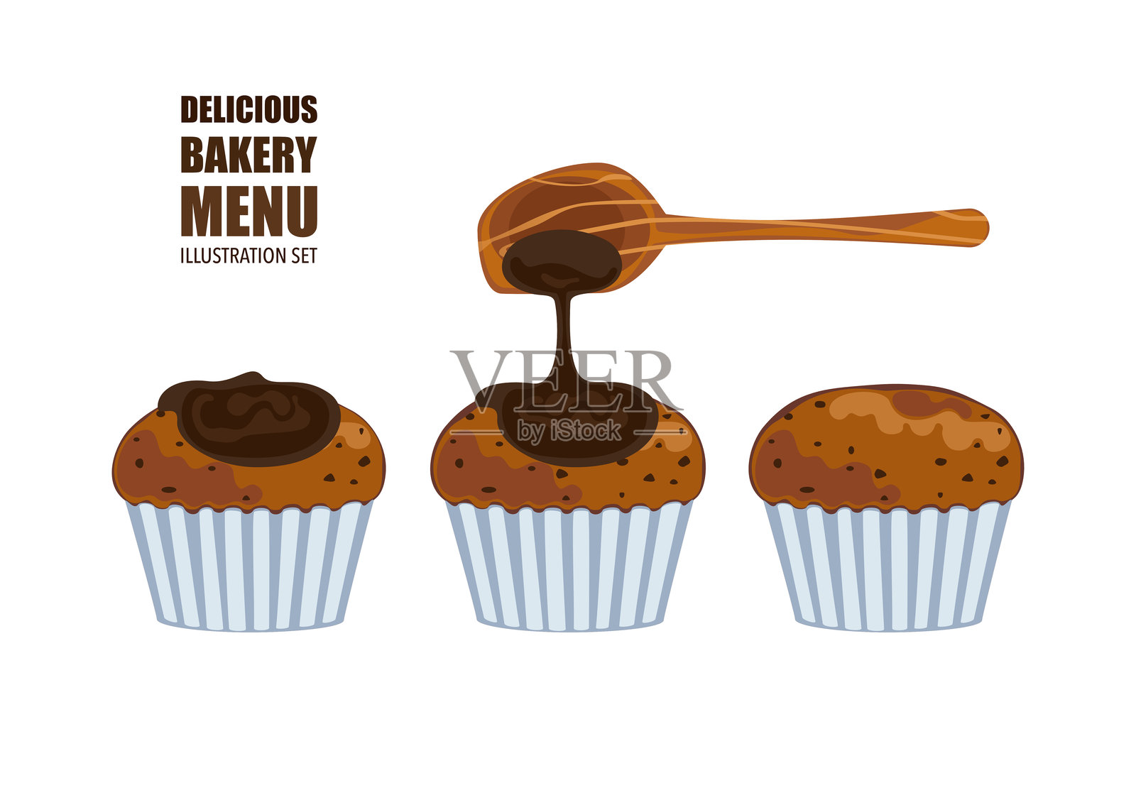 美味食物的矢量插图，面包店，糕点，手工甜点，烹饪，甜点产品，食品菜单。背景为白色，空白独立。适合设计的可爱风格，易于编辑。插画图片素材