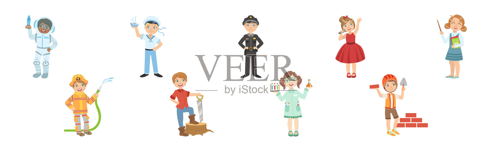 专业制服的小男孩和小女孩角色矢量图集插画图片素材