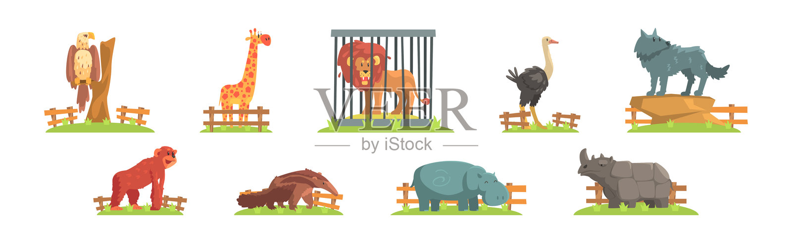 动物园动物和野生动物栅栏背后的矢量图集插画图片素材