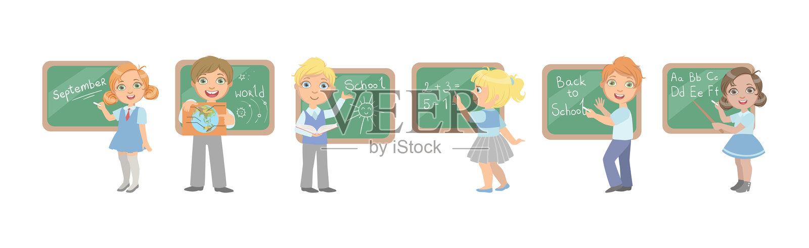 小朋友们在黑板前的开学矢量图集插画图片素材