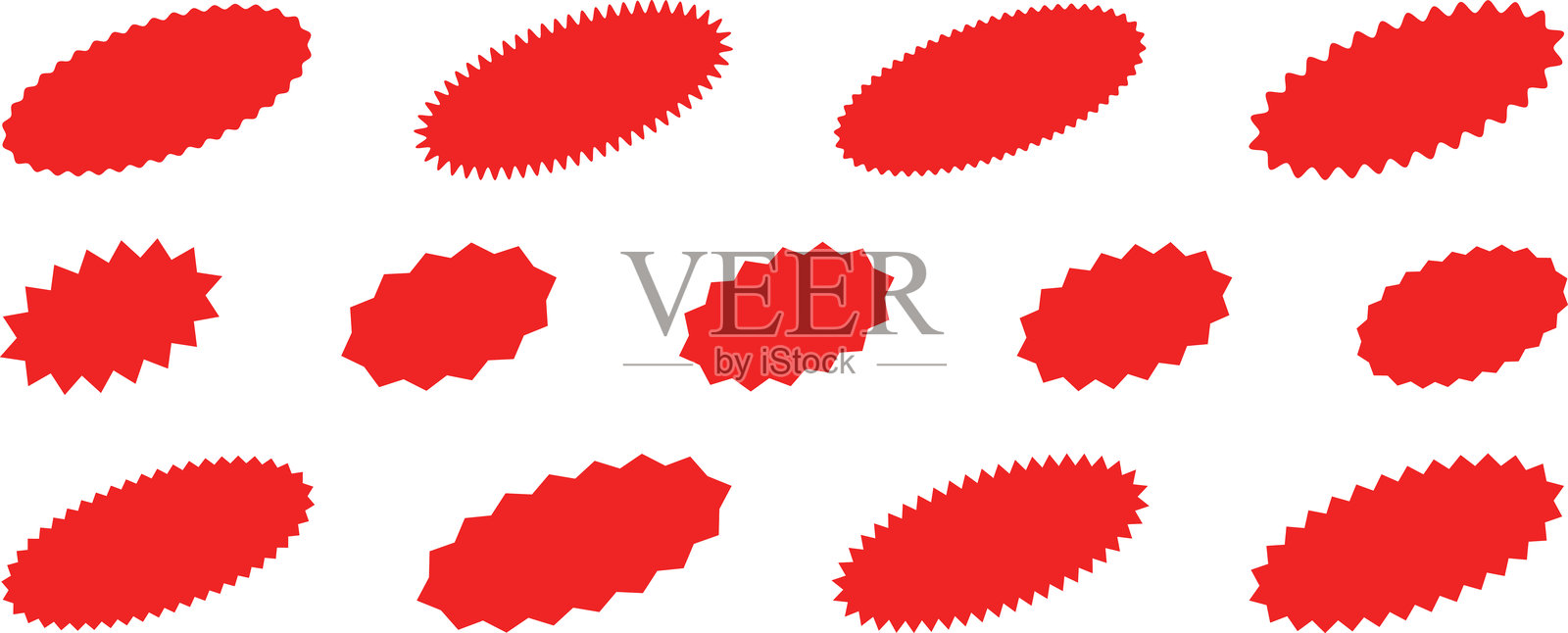 星爆红色贴纸套装 - 特别优惠销售的椭圆形和圆形日光爆发标签和徽章的集合。带星形边缘的促销贴纸。矢量图。插画图片素材