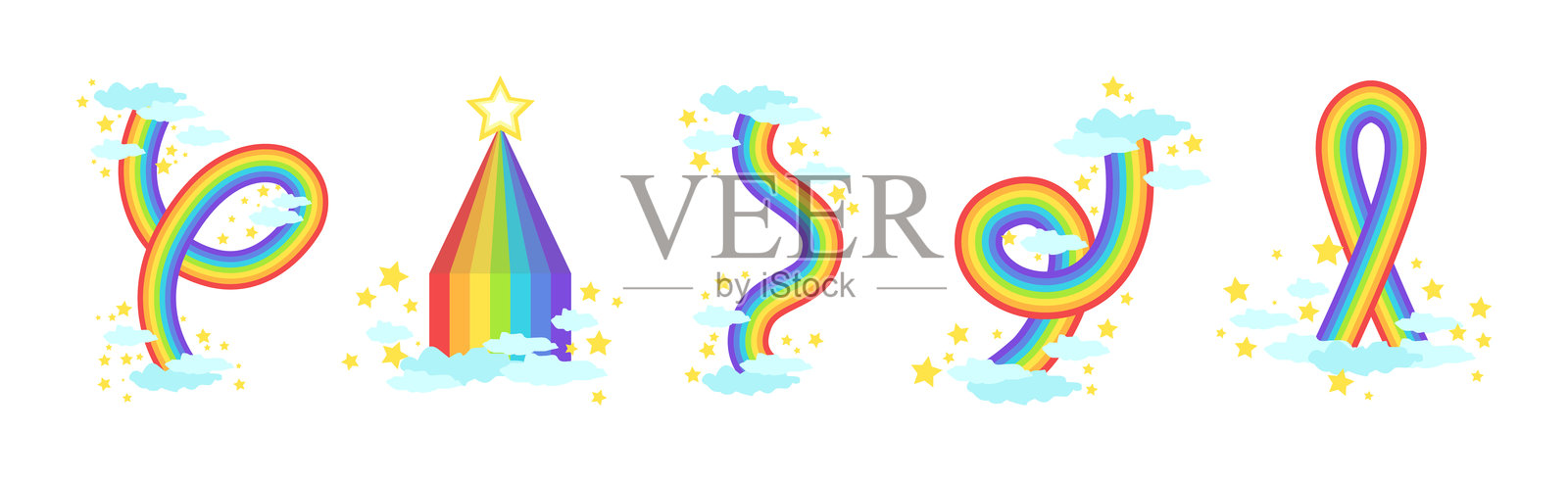 彩虹不同形状与蓬松云朵矢量图集插画图片素材