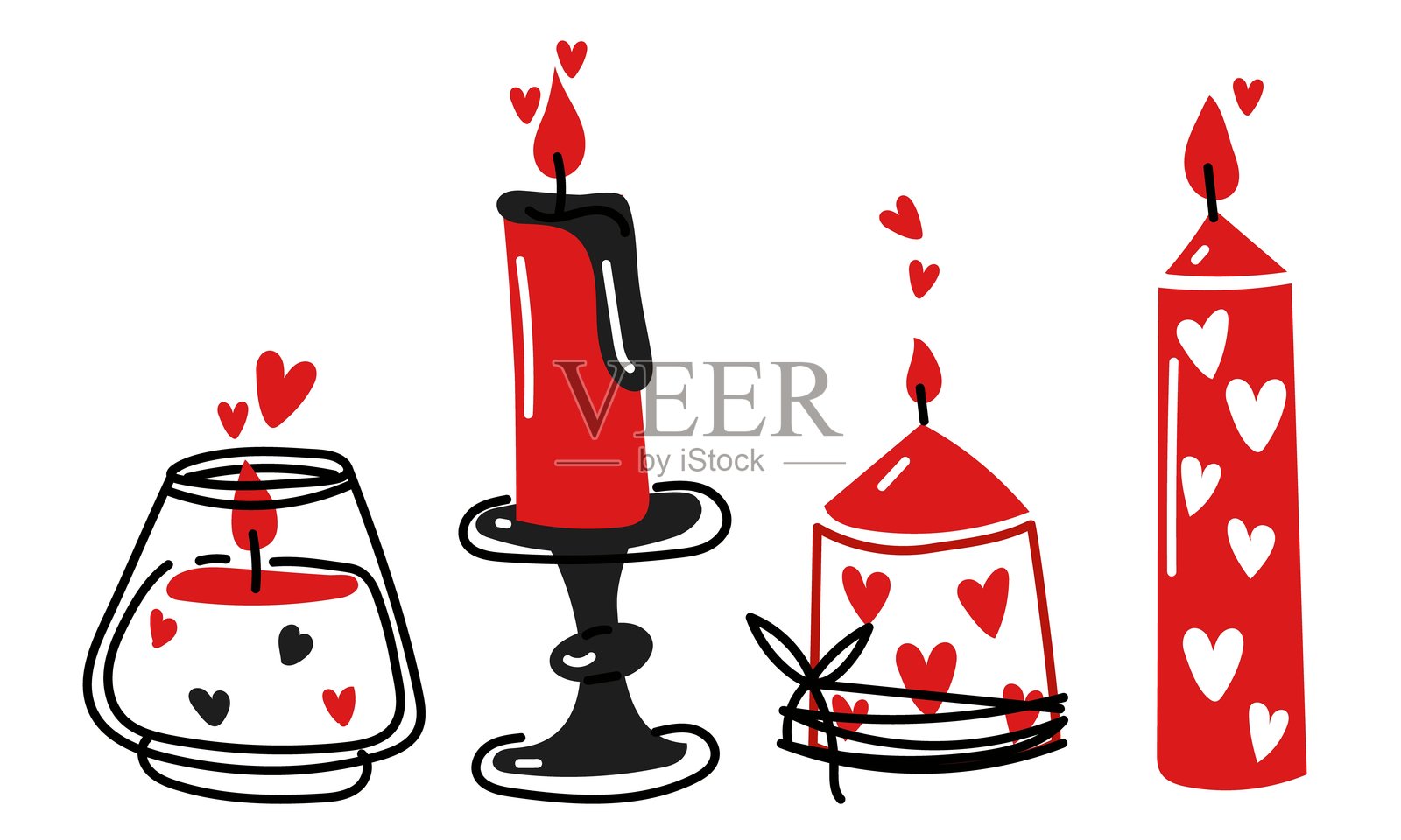 一组带有涂鸦心形的彩色燃烧蜡烛。爱情，浪漫。扁平矢量插图，独立展示。玻璃中的燃烧蜡烛，带有线绳，放在烛台上。情人节，红色和黑色。插画图片素材