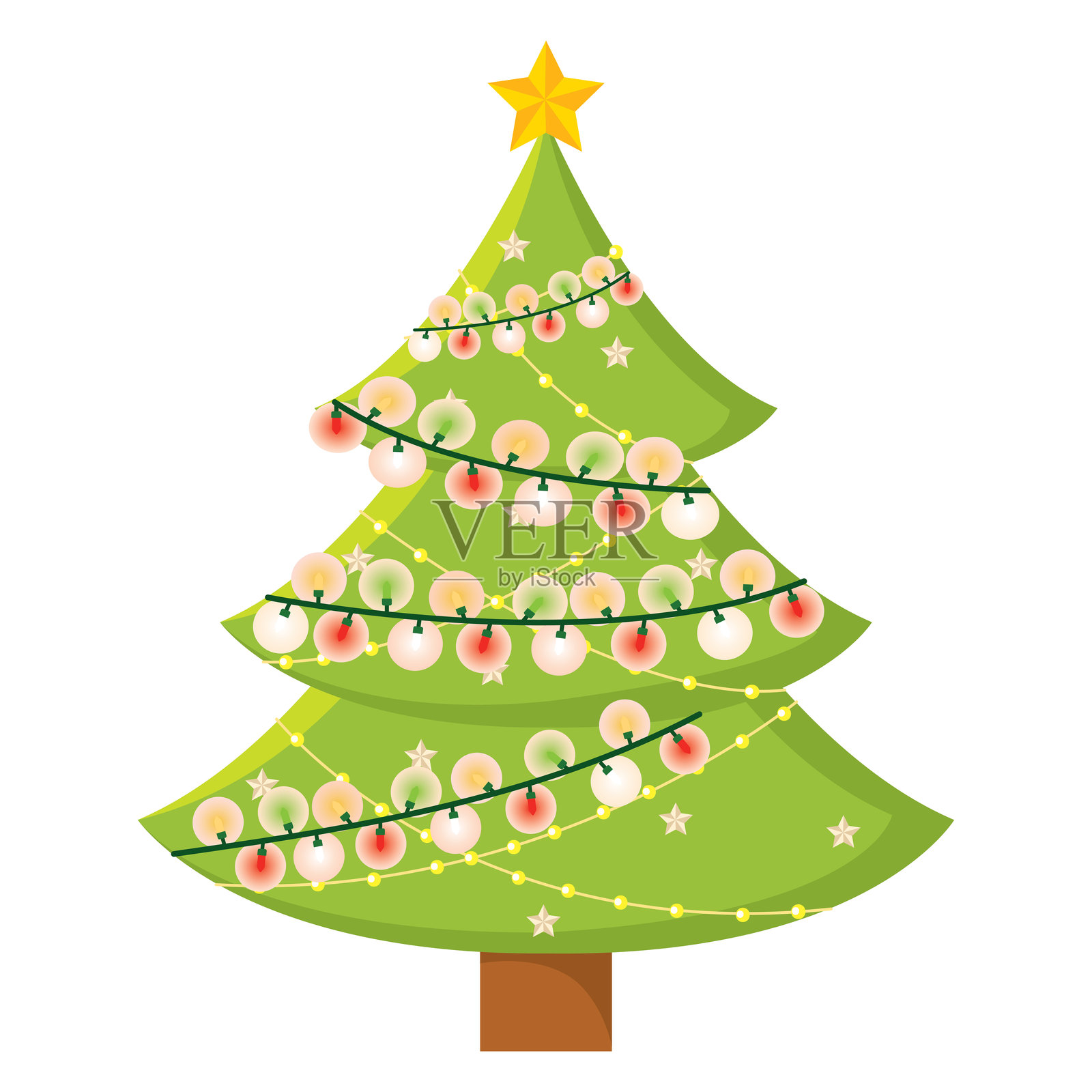 装饰华丽的圣诞树，挂满了饰品和灯光 矢量图插画图片素材
