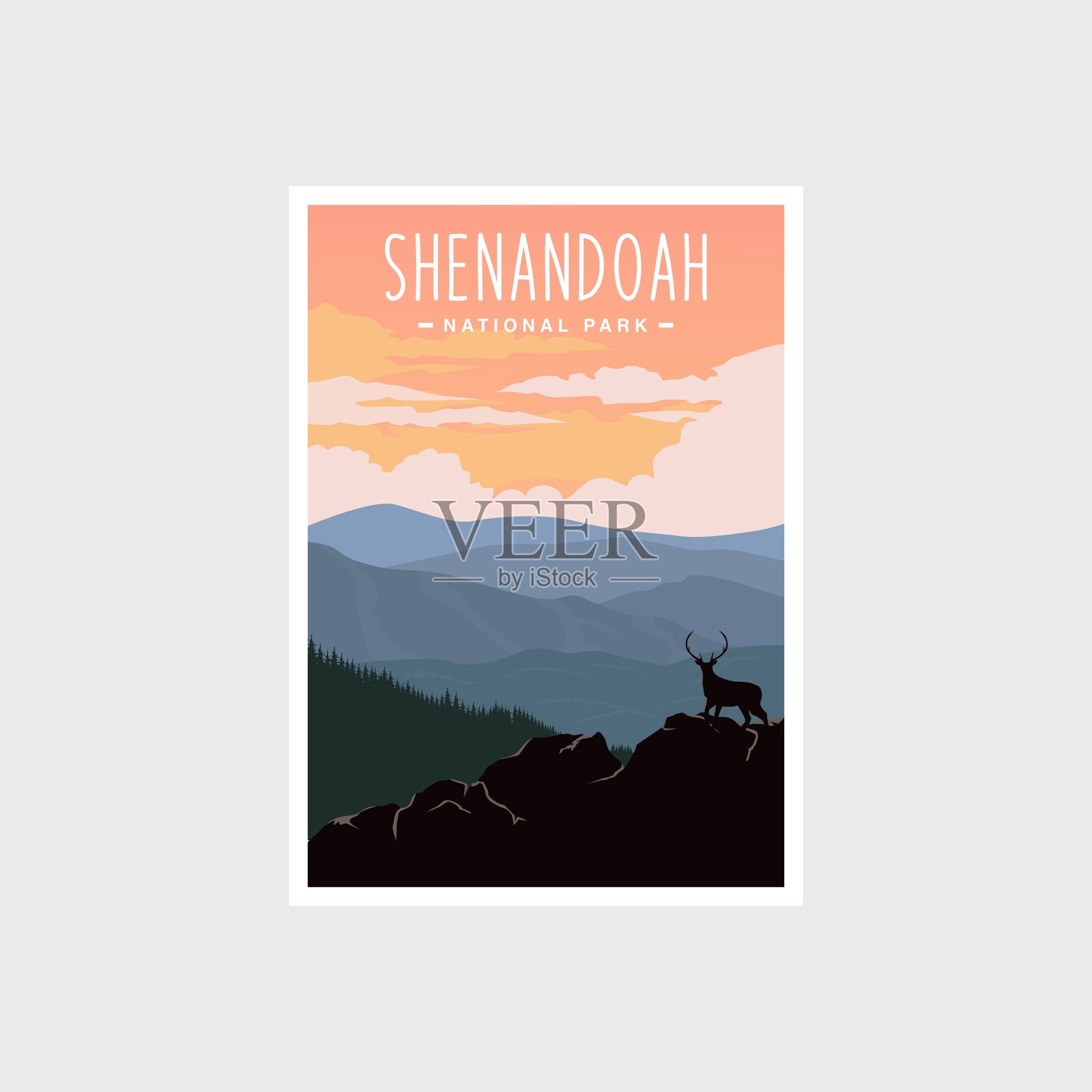 谢南多厄国家公园海报插图，登山者在美丽的山脉风景海报设计上插画图片素材