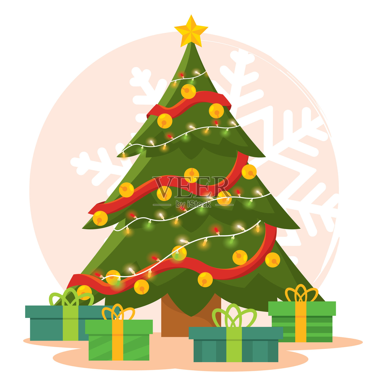 圣诞树与礼物和灯光 矢量图插画图片素材