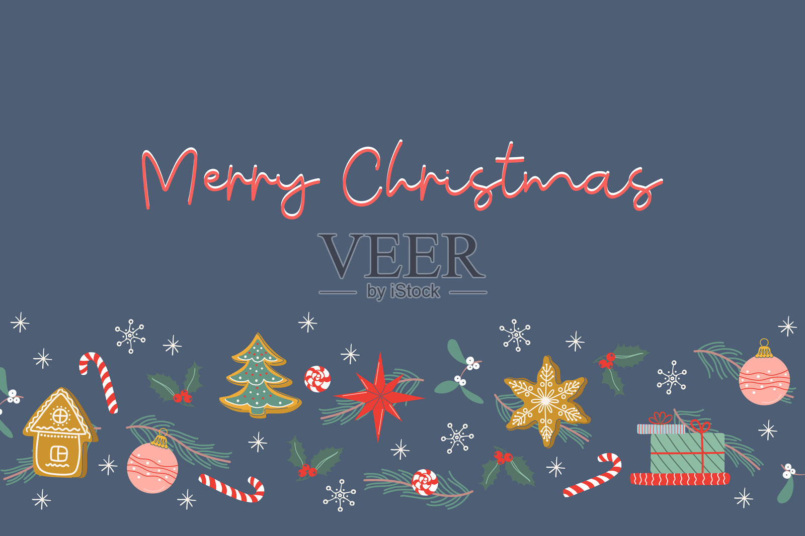 快乐假期概念。可爱的复古圣诞背景。带有节日图案的圣诞贺卡或横幅。手绘平面设计矢量插图。插画图片素材