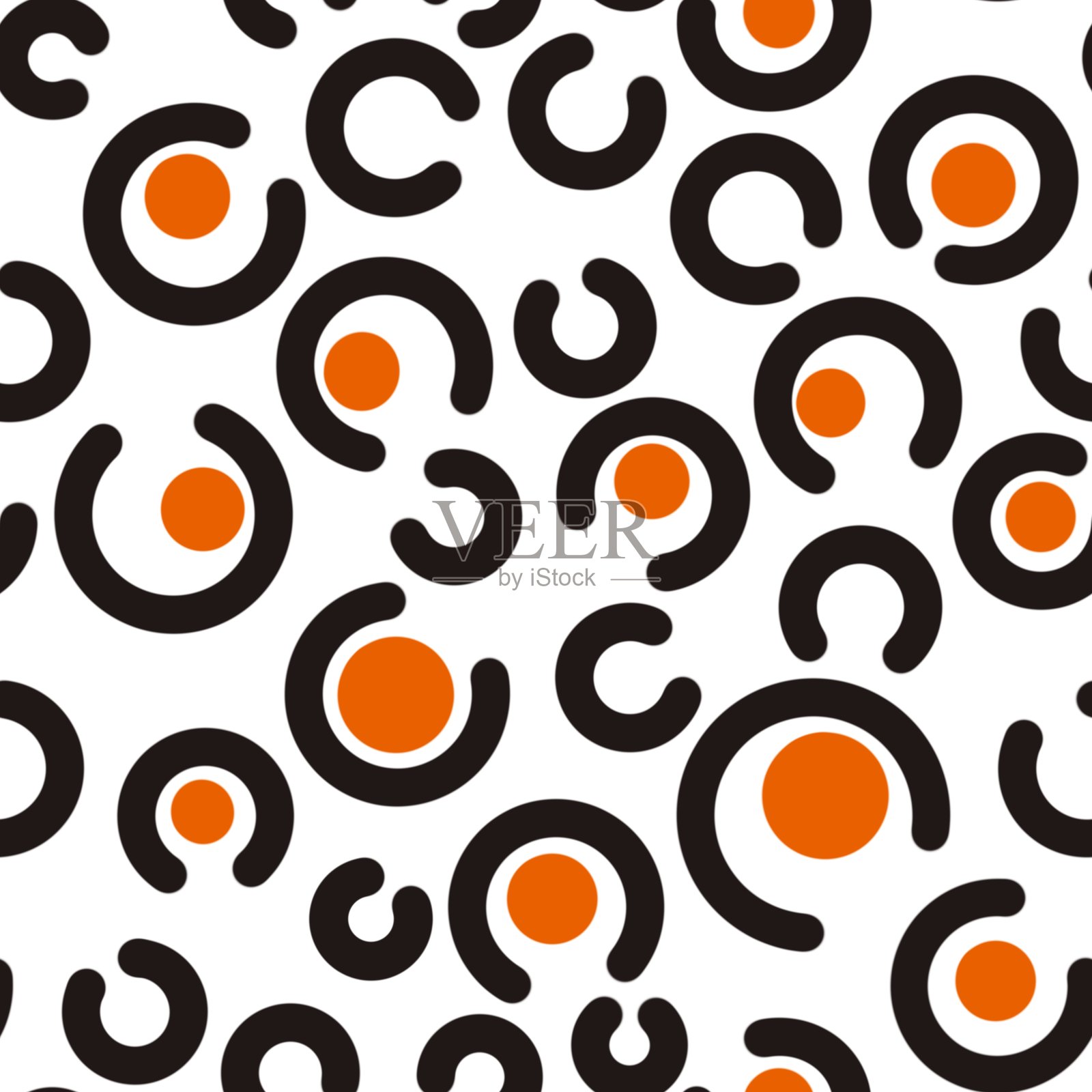 无缝抽象纹理图案。简单的黑色、橙色和白色背景。圆圈、点、弧线、线条。数字笔触。适用于纺织面料、包装纸、背景、壁纸、封面设计。插画图片素材