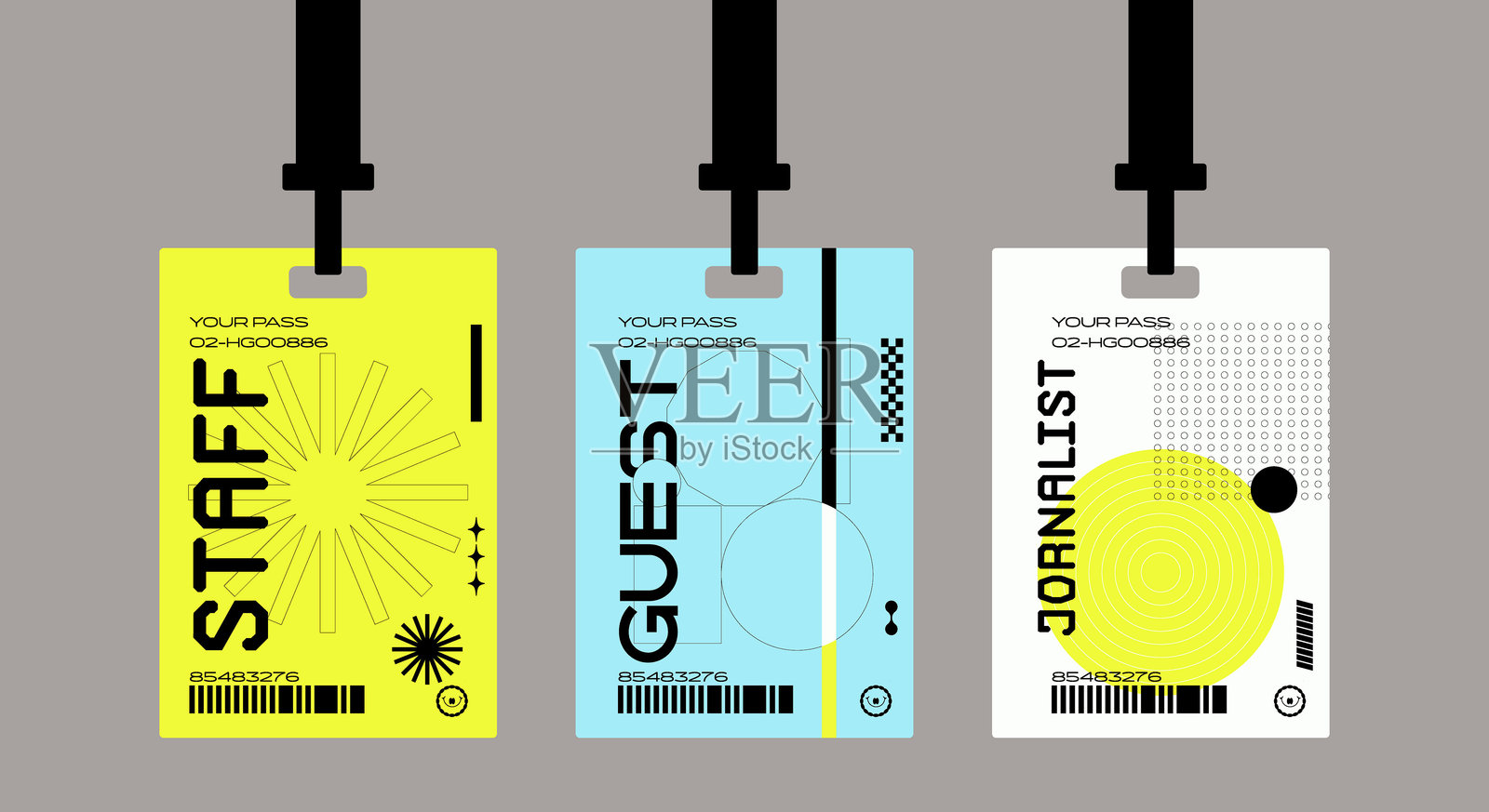 未来风格的塑料身份证徽章。记者、嘉宾、工作人员。挂绳上的身份证明卡、入场券、通行证。插画图片素材