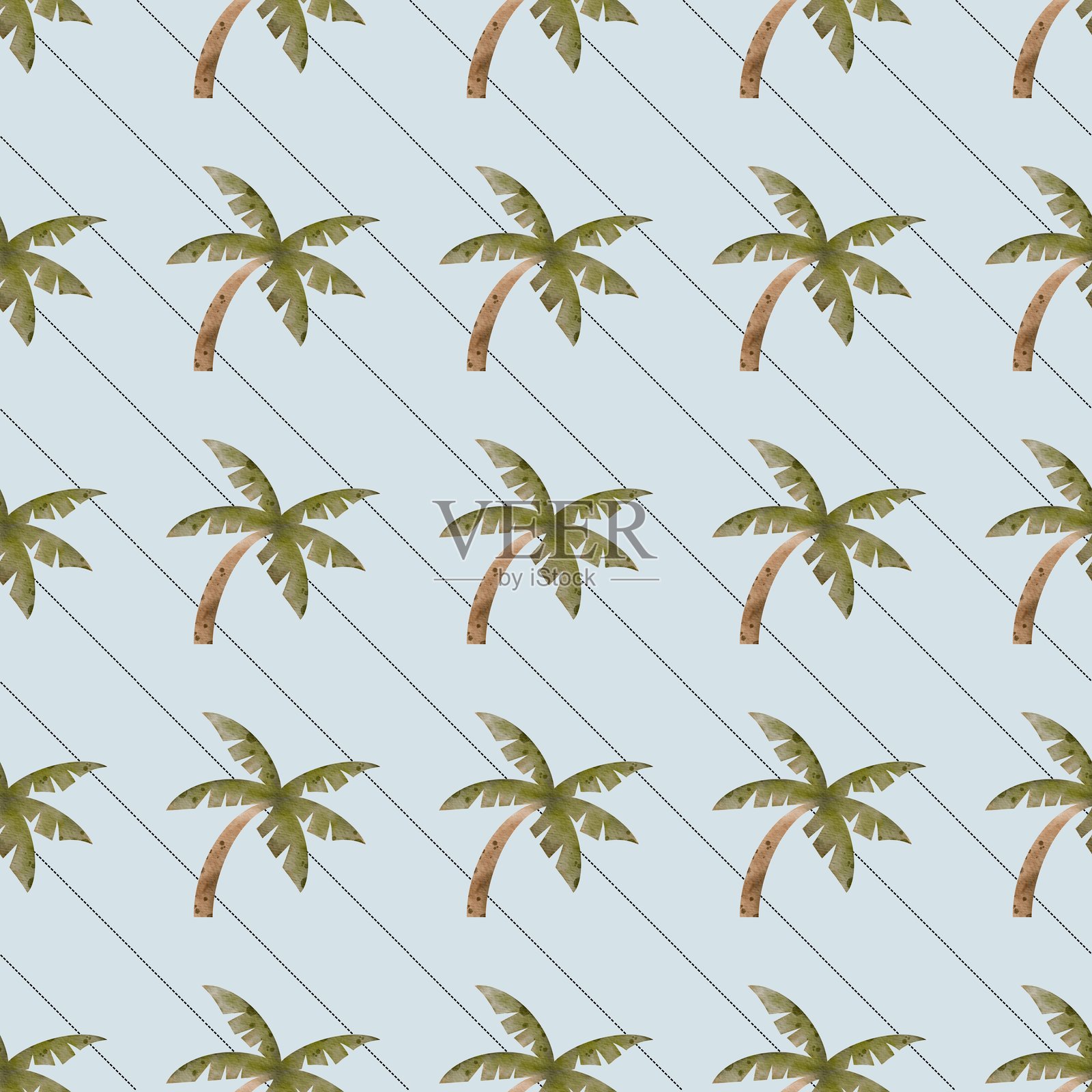 生动的图案，棕榈树在浅蓝色背景上呈对角布局插画图片素材