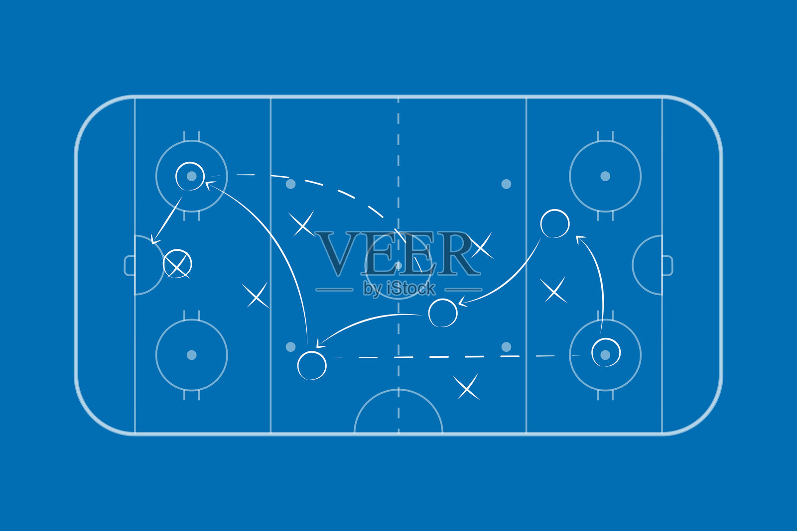 冰球场。冰球场地。国际冰球场标准尺寸和大小。冰球战术计划、方案或策略。冰球运动场地计划与比赛策略。矢量插图。插画图片素材