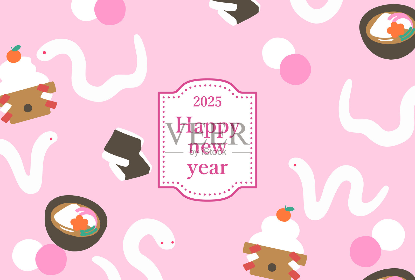 2025年年贺状侧面插图，描绘了一条可爱的蛇和年糕。插画图片素材