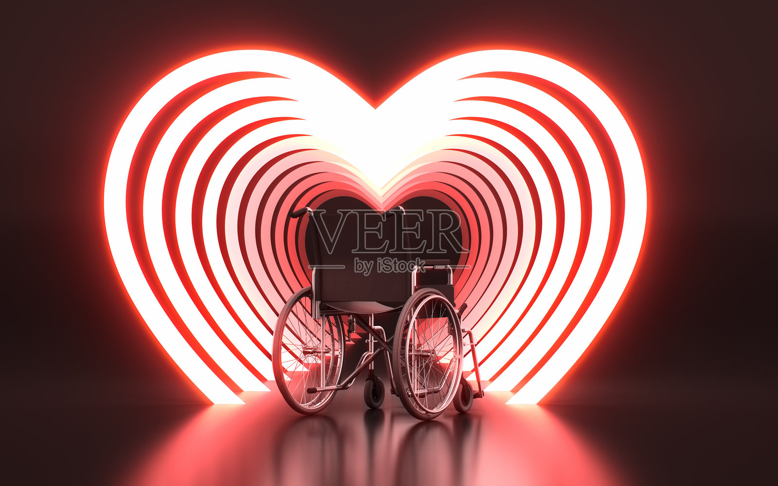 轮椅站在黑色无限背景前的红色霓虹灯心形图案前照片摄影图片