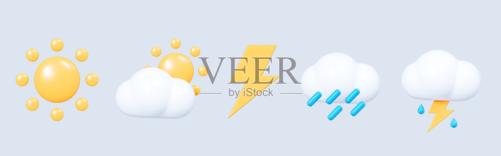 3D天气图标表情符号。带有太阳、雨和闪电的云。用于应用程序和网页的气象预报图形符号。卡通创意设计图标，背景为蓝色。3D渲染。照片摄影图片