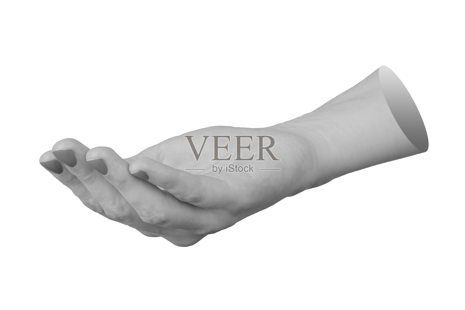 女性手部孤立。松散卷曲的手指轻柔地握住，呈杯状以便于握住小物体。开放状态。照片摄影图片