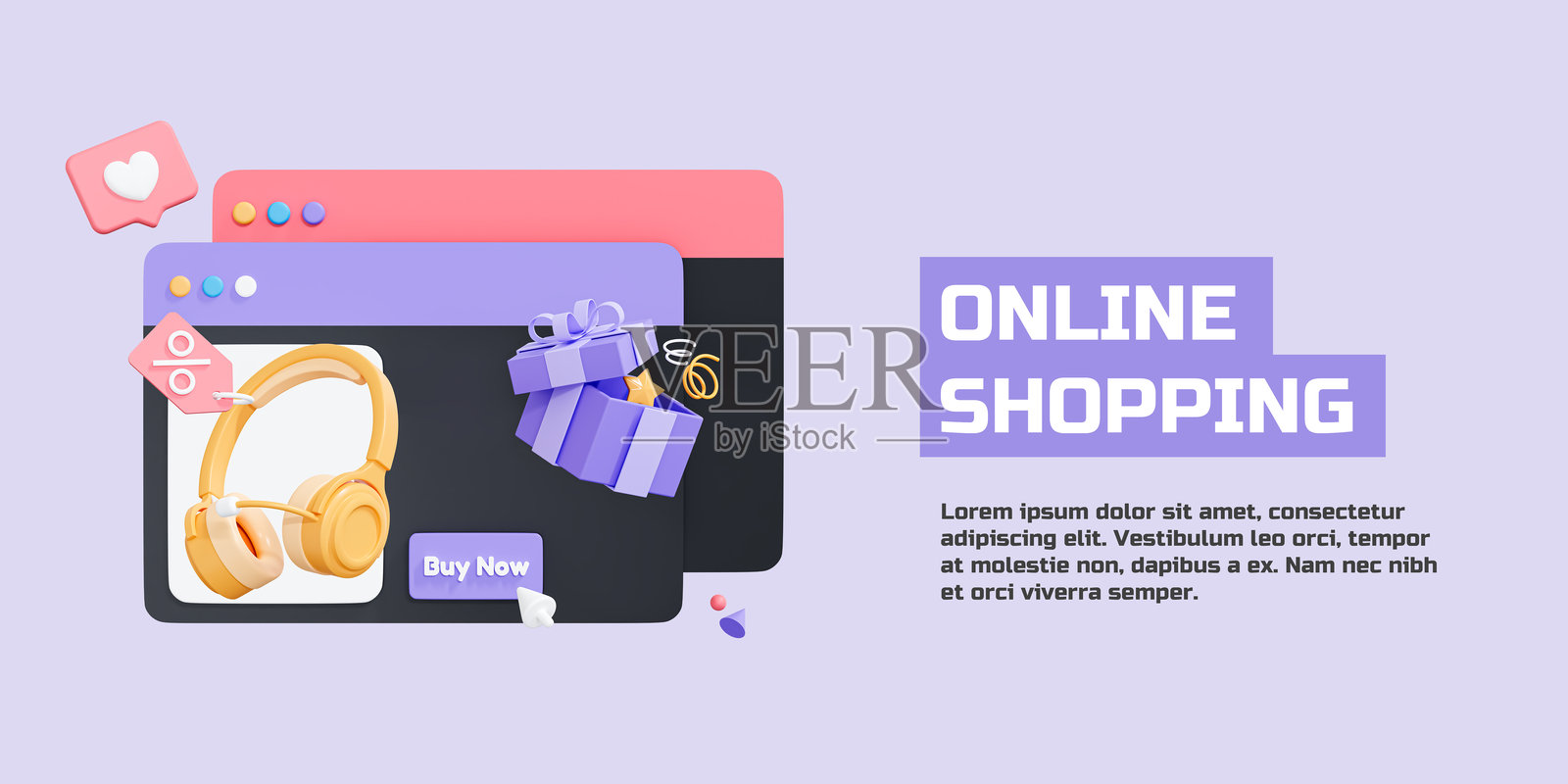 3D在线购物着陆页横幅。网络购买和销售。电子商务概念。商店营销。网站活动。卡通创意设计插图，背景为紫色。3D渲染。照片摄影图片