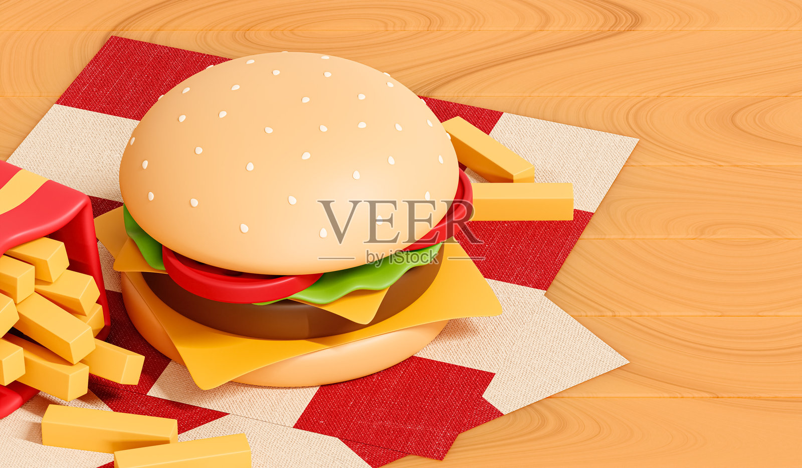 3D汉堡和薯条放在木桌上。美国快餐插图。新鲜的汉堡和薯条。夹有牛肉和蔬菜的三明治。卡通创意设计横幅背景。3D渲染。照片摄影图片