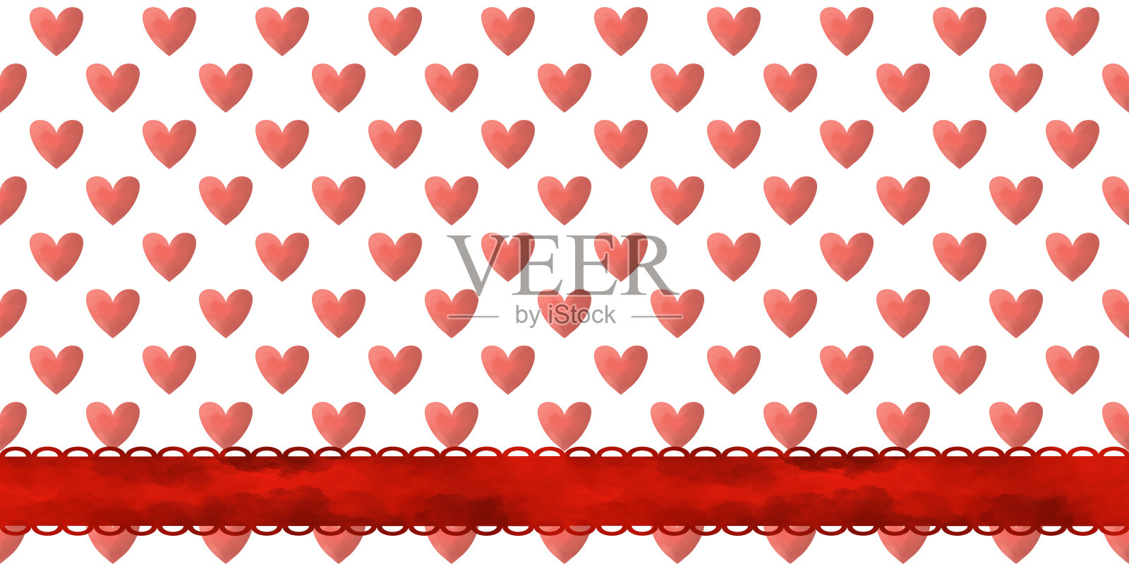 无缝的心形和波点图案，配有猩红色蕾丝缎带。单色水彩插图，手绘。适用于纺织品和印刷设计。插画图片素材