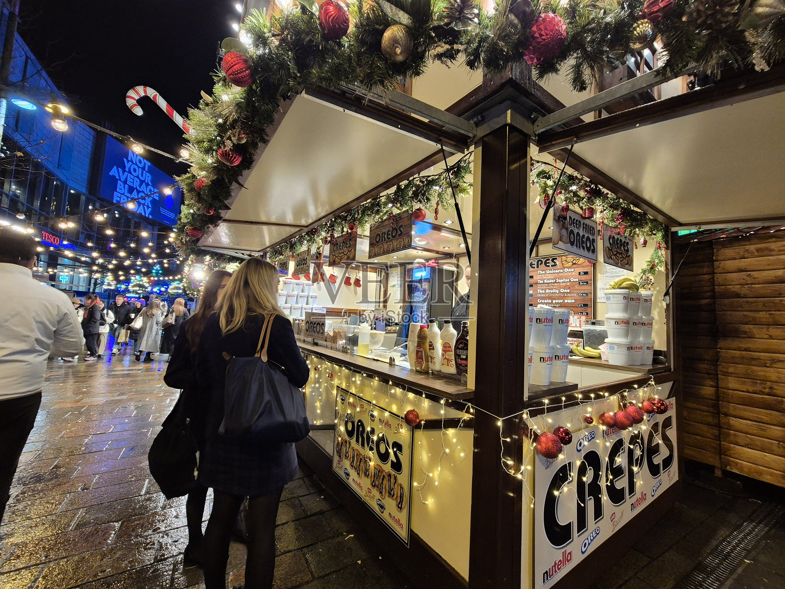 可丽饼摊位，圣诞市场，圣伊诺克广场，格拉斯哥，苏格兰，英国照片摄影图片