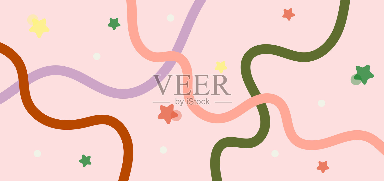 手绘彩色波浪线和星星的抽象横向背景。适用于贺卡、网页横幅、包装、封面和印刷的粉彩设计模板。插画图片素材