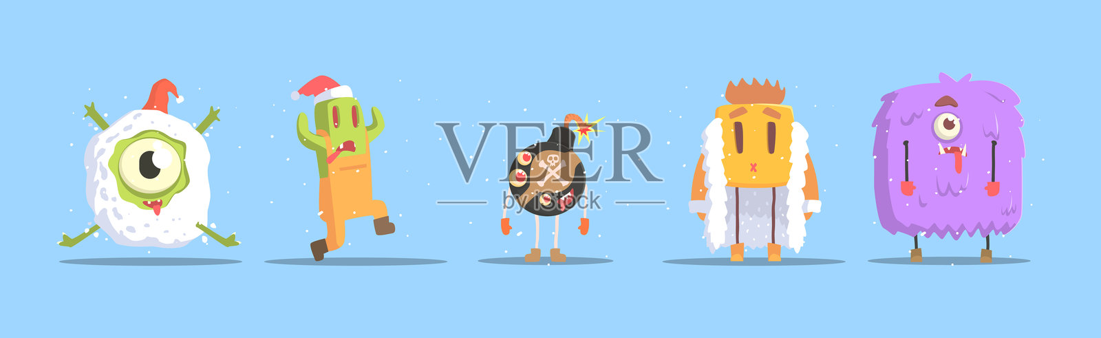 冬季穿着的怪物们在搞笑场景中的矢量图集插画图片素材