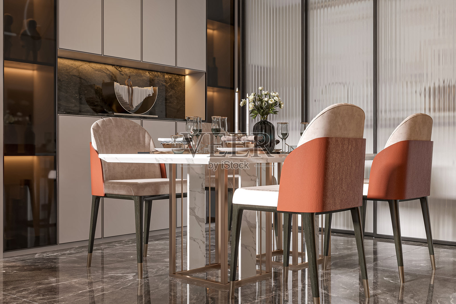 奢华现代餐厅，配有优雅的大理石餐桌和时尚的椅子照片摄影图片