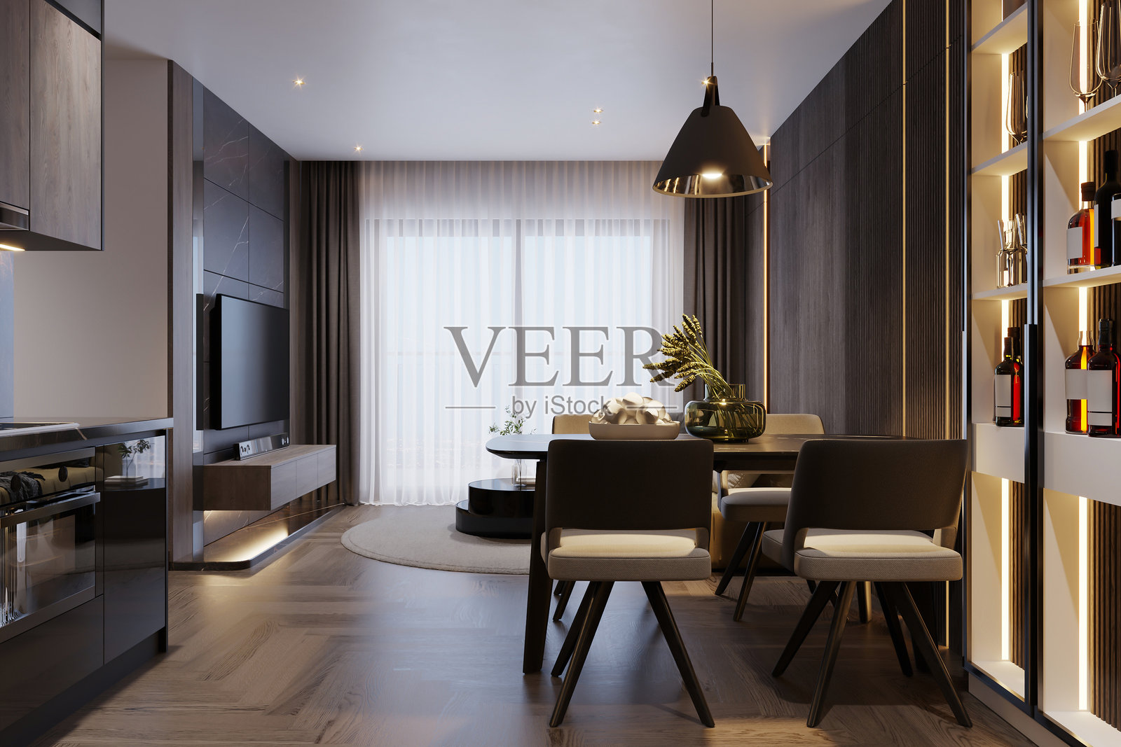 一个简约的开放式餐厅，配有一张长餐桌和椅子照片摄影图片