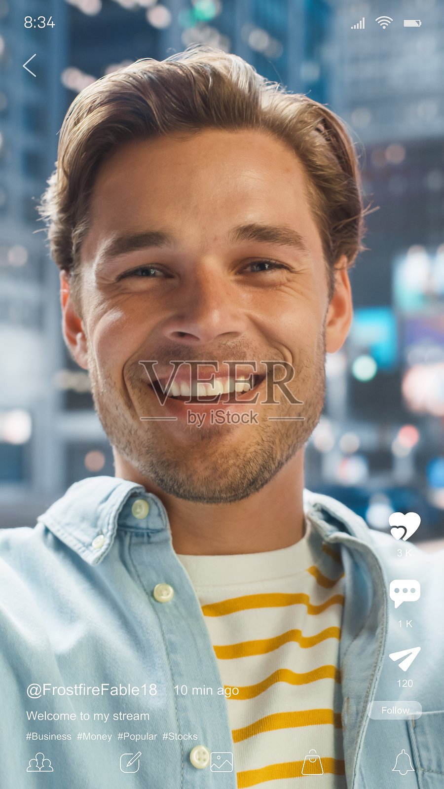 垂直移动界面：社交媒体模拟应用，包含来自新旅行目的地的白人男性博主的帖子。影响者与粉丝互动。社交媒体帖子和故事的理想模板。照片摄影图片