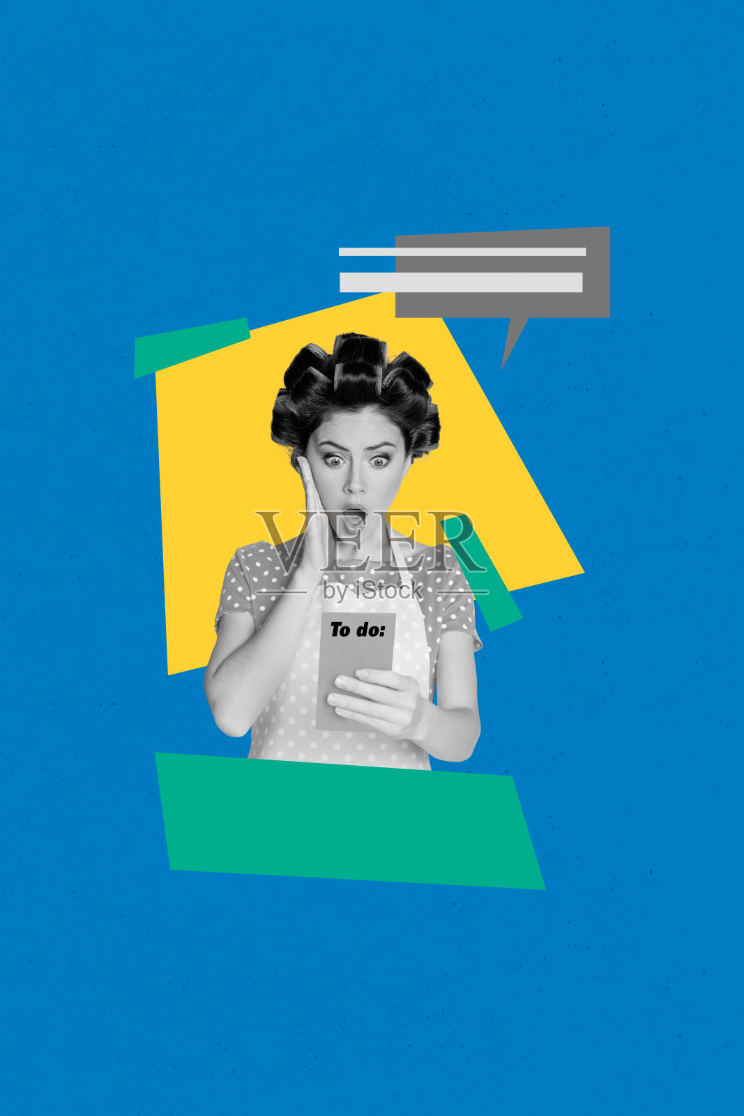 震惊的家庭主妇手持待办事项清单的垂直照片拼贴，背景为涂鸦风格，展示家庭清洁工作。照片摄影图片