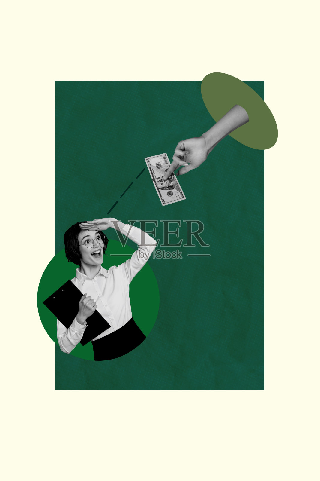 兴奋的女孩手持夹板，收到美元钞票，支付美国资本收入的竖版照片拼贴，背景为涂鸦风格。照片摄影图片