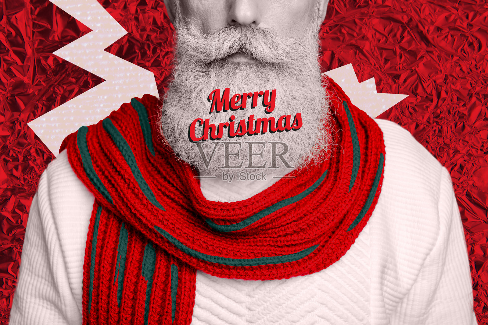 特写的老年男子，灰白色胡须和小胡子，穿着冬季羊毛围巾和温暖的毛衣，背景为涂鸦风格的画面。照片摄影图片
