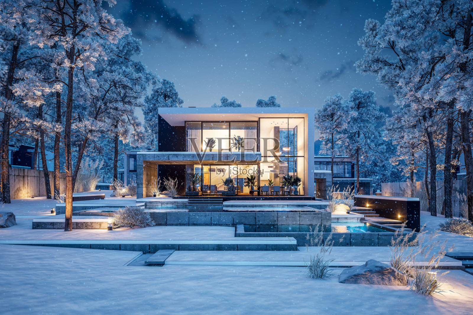 冬夜中带有混凝土外立面的平顶房屋的3D渲染图照片摄影图片