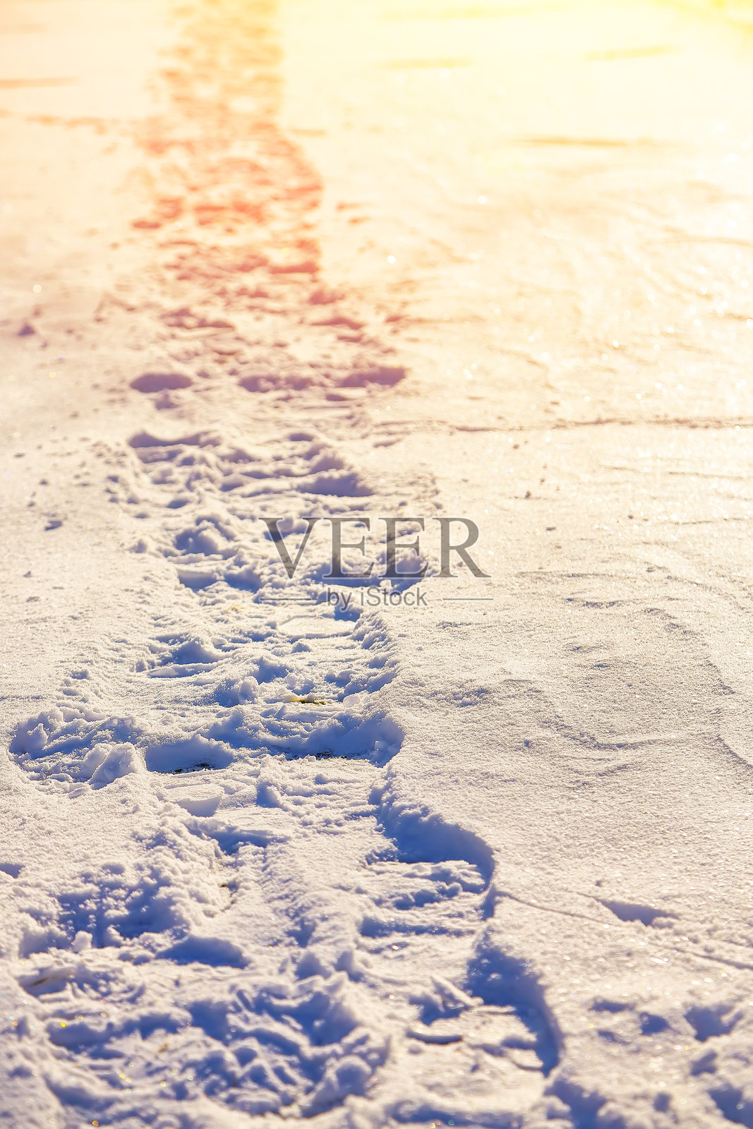 日落时分雪地上的脚印景观照片摄影图片