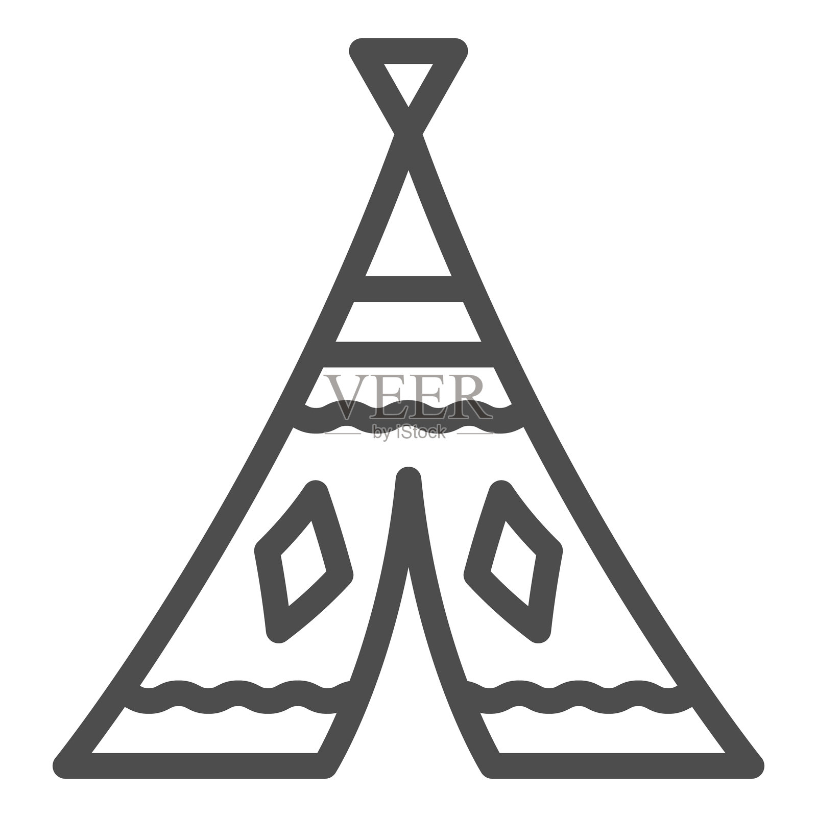 印度圆锥形帐篷线条图标，西部沙漠概念。矢量图形。白色背景上的圆锥形房屋及标志，适用于移动或网页设计的轮廓风格图标。插画图片素材