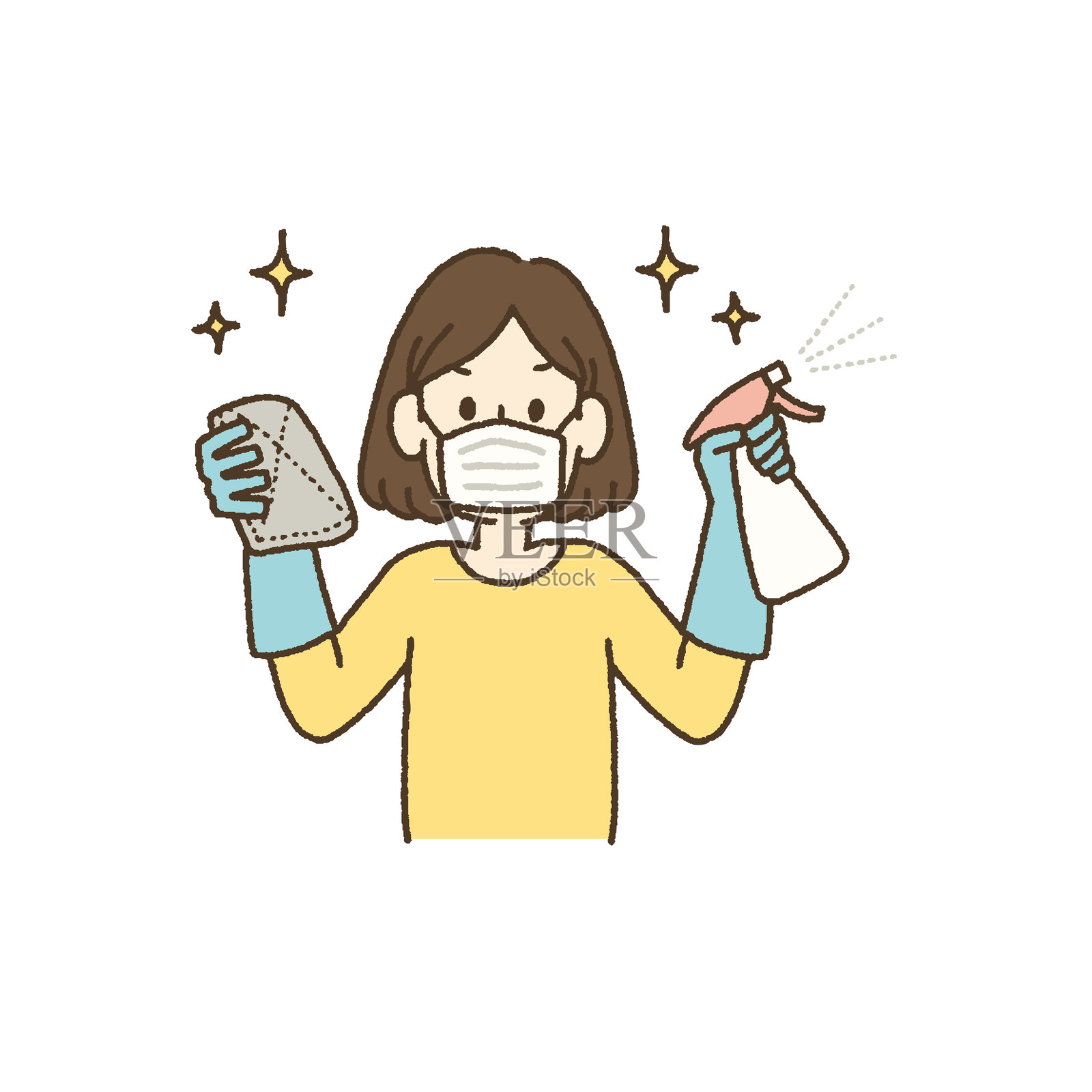 戴着口罩和手套的女性插图，手持抹布和消毒喷雾，正在清洁。插画图片素材