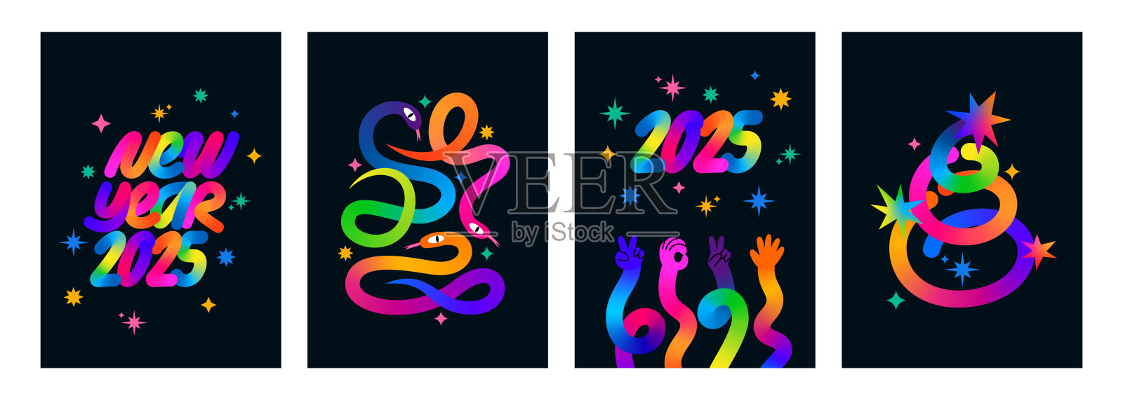 2025年快乐新年矢量背景集。现代抽象卡片与抽象几何插图。色彩渐变线条形状。圣诞设计元素概念插画图片素材