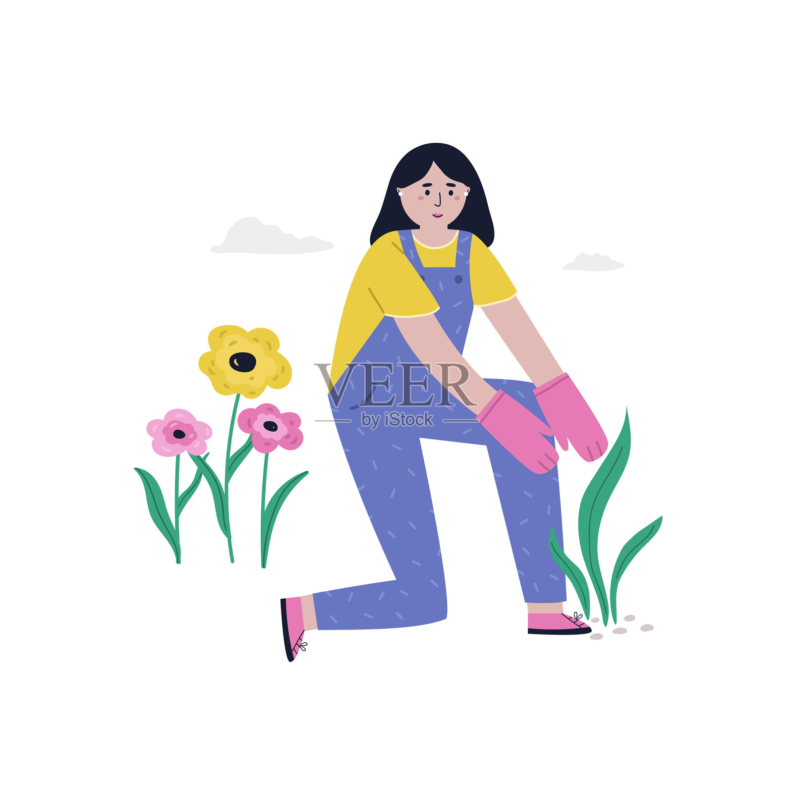 插图场景：一个农女在种植花卉，园艺、农业、农场生活概念插画图片素材