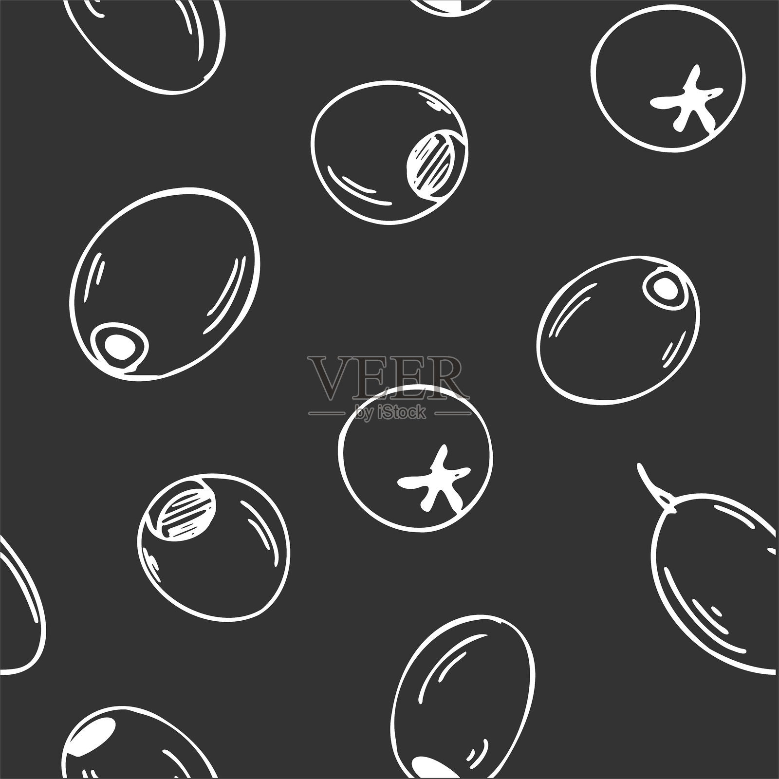 黑色背景上的橄榄水果图形无缝图案。手绘白色墨水矢量插图。可用于纺织品、壁纸印刷和包装。插画图片素材