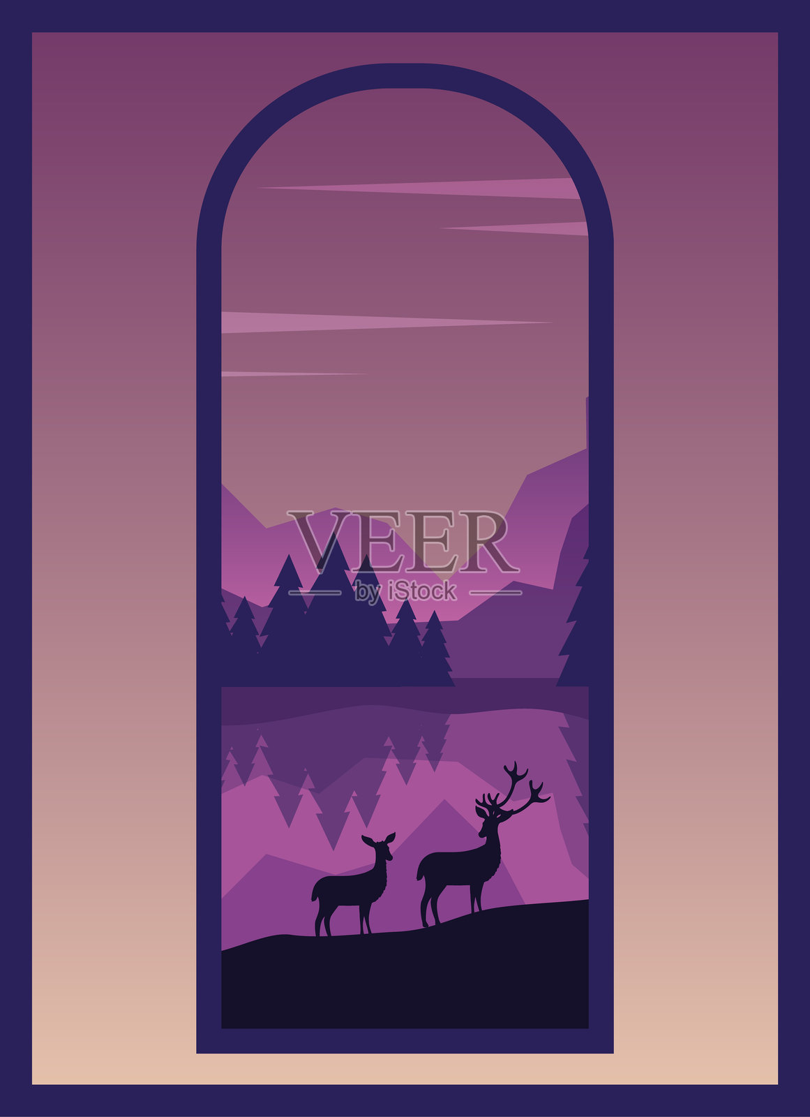 夜谷中山丘上的鹿。圣诞冬季庆祝插图插画图片素材