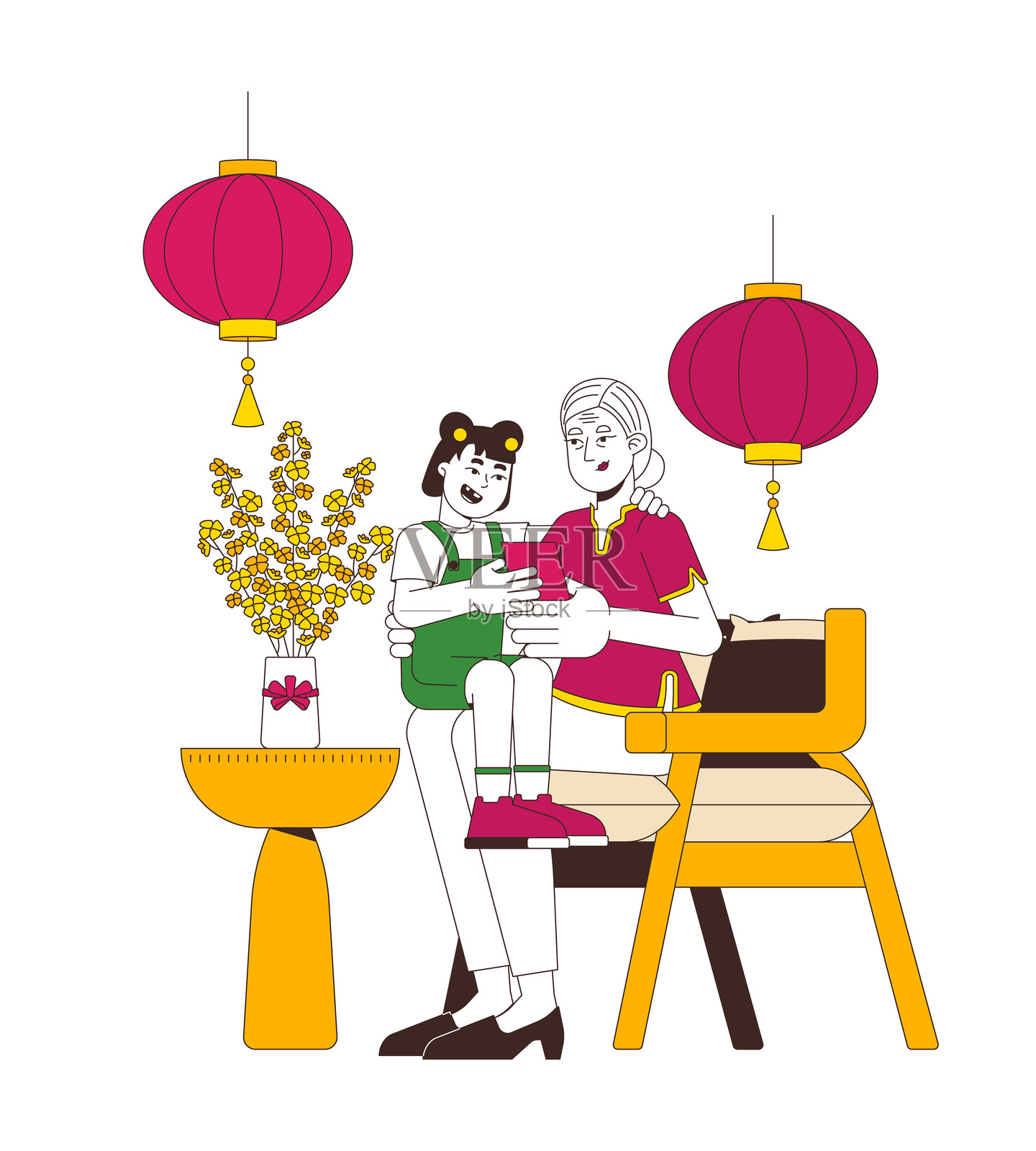 祖母给孙女发红包的卡通扁平插图插画图片素材