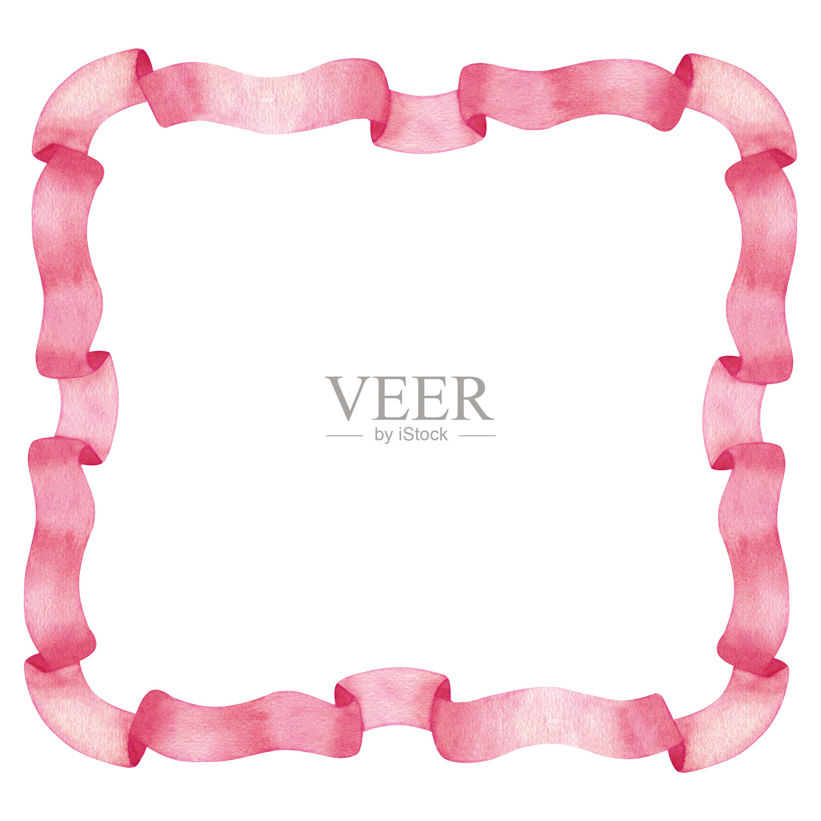 粉色复古丝带框架，方形边框。适用于情人节、性别揭晓派对、婴儿洗礼、婚礼。手绘水彩插图，背景为白色。卡片内部留有空白空间。插画图片素材