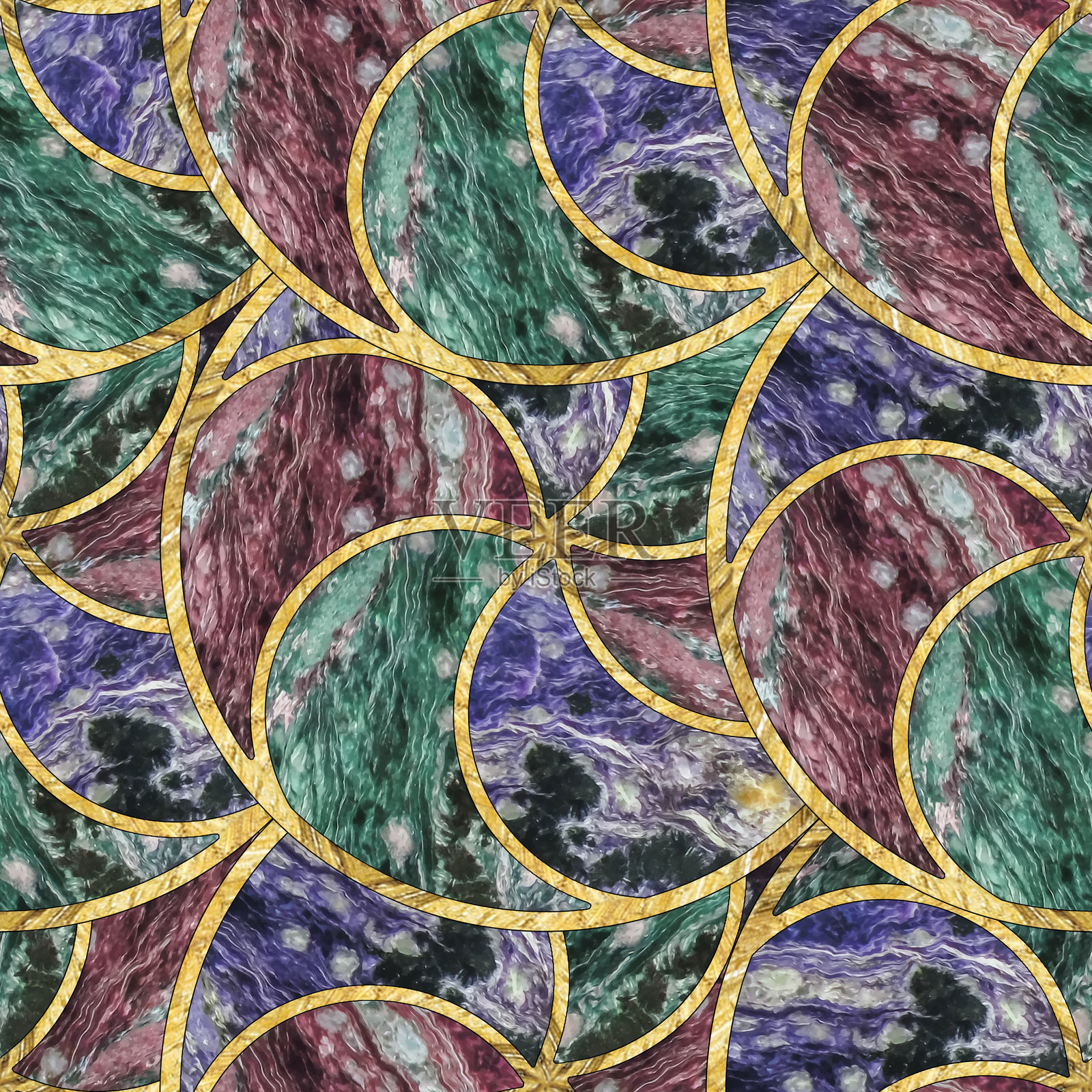 无缝图案。圆形，扇形。查罗石。马赛克，彩色玻璃风格插图。东方图案用于壁纸。小叶，波浪。T恤、床单、纺织品印刷。插画图片素材