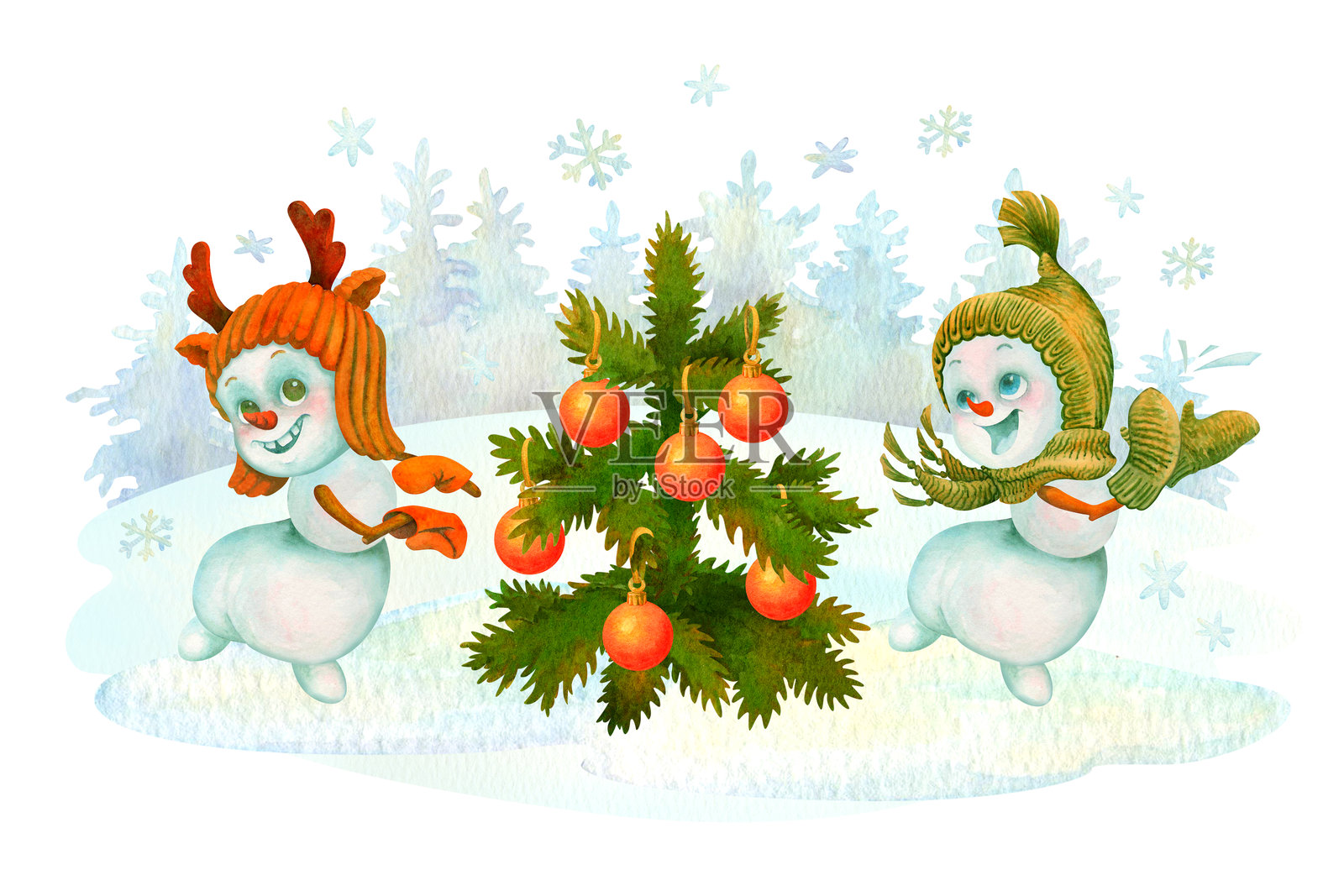 可爱的雪人们在冬季针叶林的背景下，围绕着雪花在圣诞树旁跳舞。手绘的儿童角色庆祝圣诞节或新年。适用于设计的水彩插图。插画图片素材