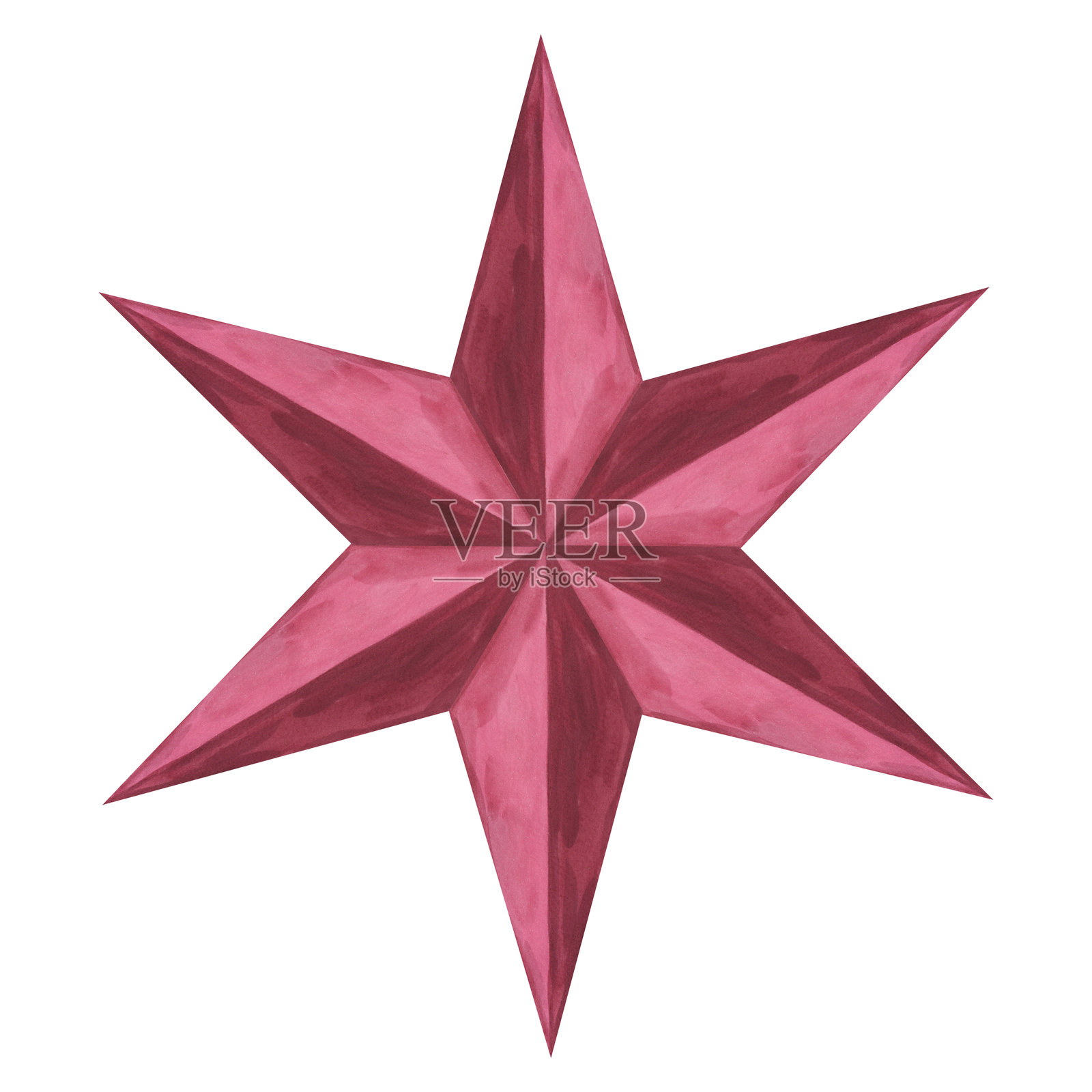 红色六角星，家居圣诞装饰。水彩画作品。酒红色的节日、生日、新年、圣诞节配饰。手绘水彩插图，背景独立。插画图片素材