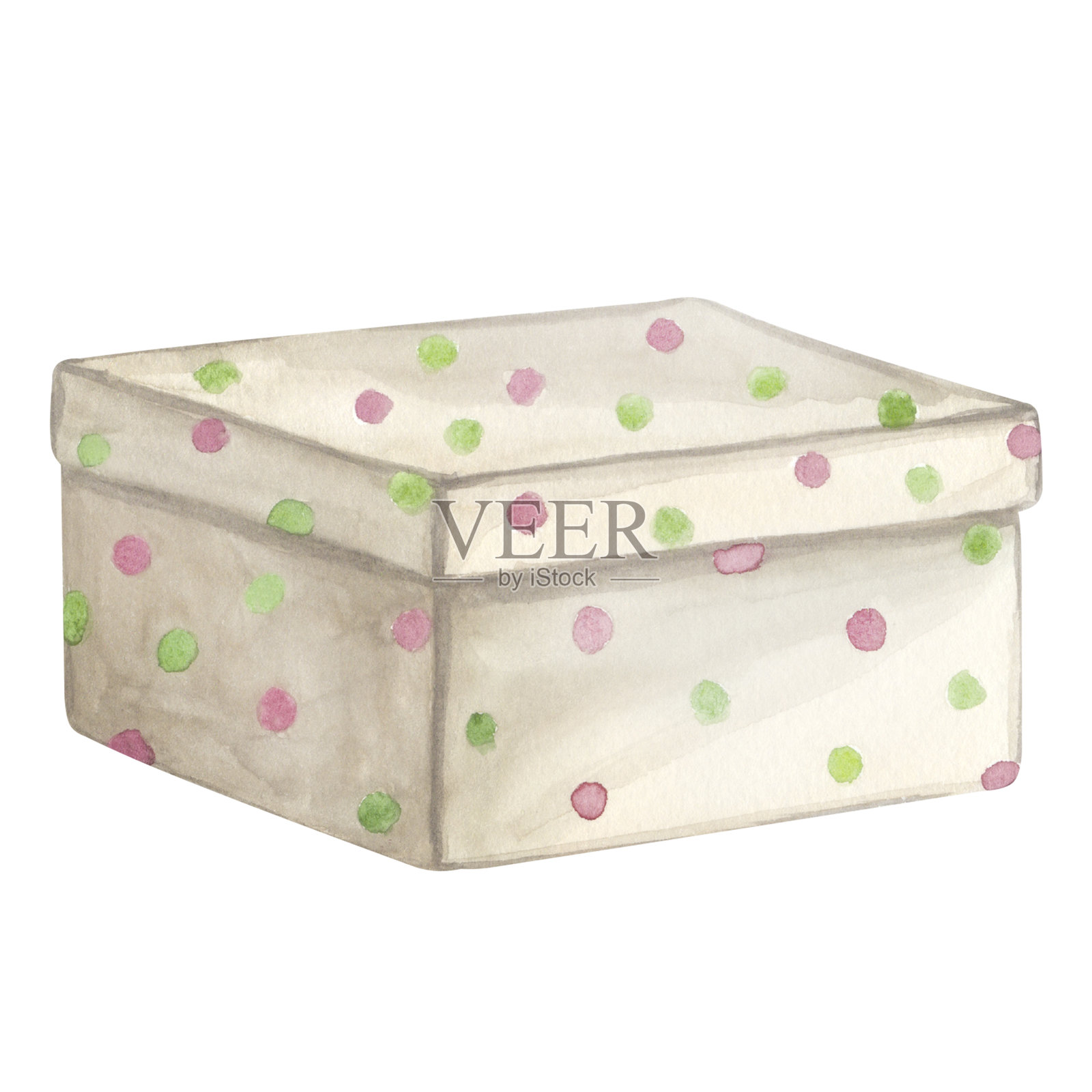 米色礼品盒，上面有红绿圆点、丝带和蝴蝶结。适合圣诞节、新年和生日派对的礼物。手绘水彩插图，背景为白色。可用于明信片和邀请函。插画图片素材